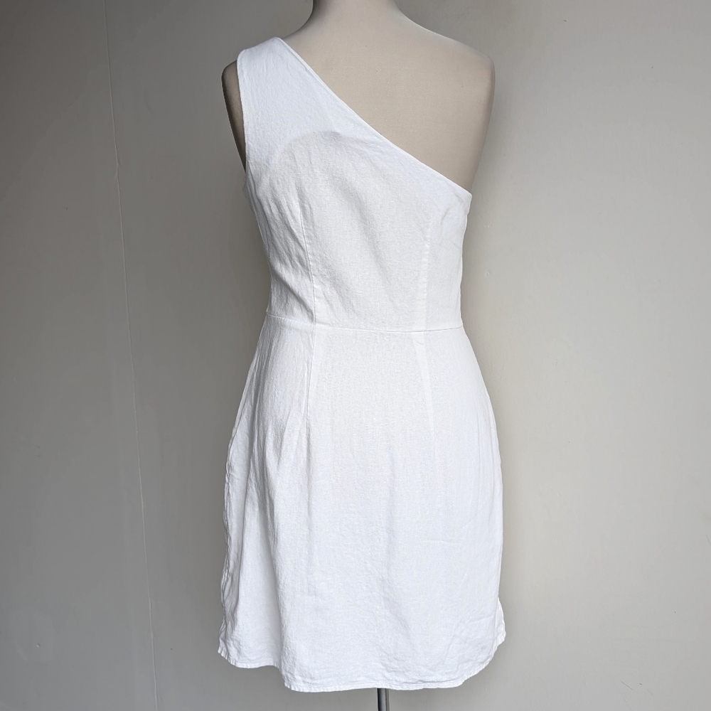 Linen White One-Shoulder Mini Dress - Picture 3 of 7